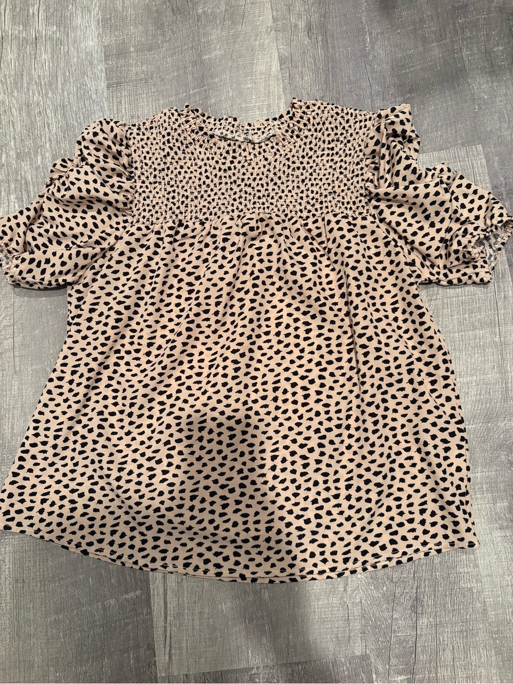 SHEIN Blush Pink Smocked Puff Sleeve Dress with Black Spot Print